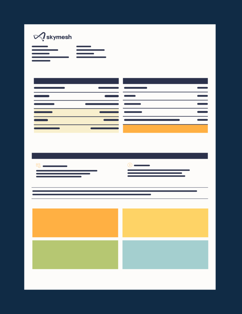 A stylized business document with the Skymesh logo, headings, blacked-out text, and color-coded sections in yellow, orange, green, and blue on a white background with a dark blue border.