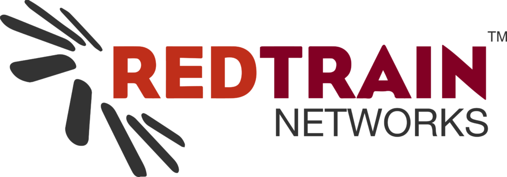 Logo for REDTRAIN NETWORKS. The words "REDTRAIN" are in bold, with "RED" in red and "TRAIN" in maroon, above the word "NETWORKS" in gray. To the left, there is a stylized design with black and red shapes.