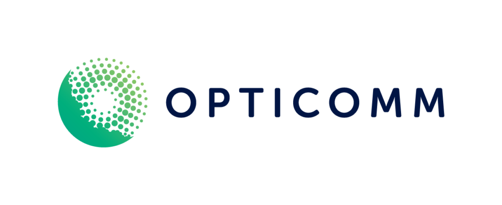 Opticomm logo with a green and teal circle made of dots on the left, and the word "OPTICOMM" in bold navy blue letters on the right, set against a light gray background.