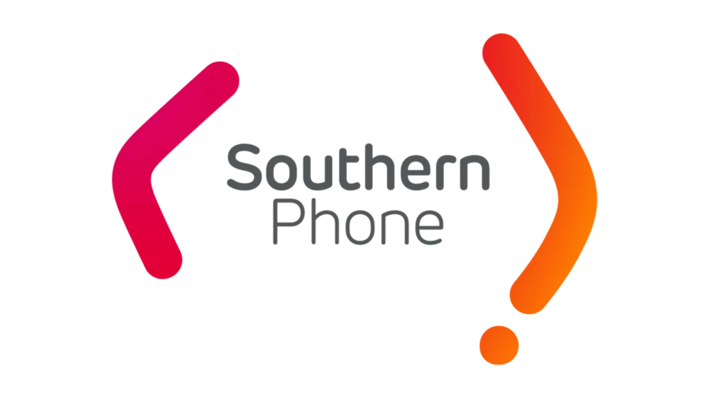 Southern Phone logo with pink and orange curved marks on each side, resembling abstract phone handsets, and the words "Southern Phone" in gray text in the center.